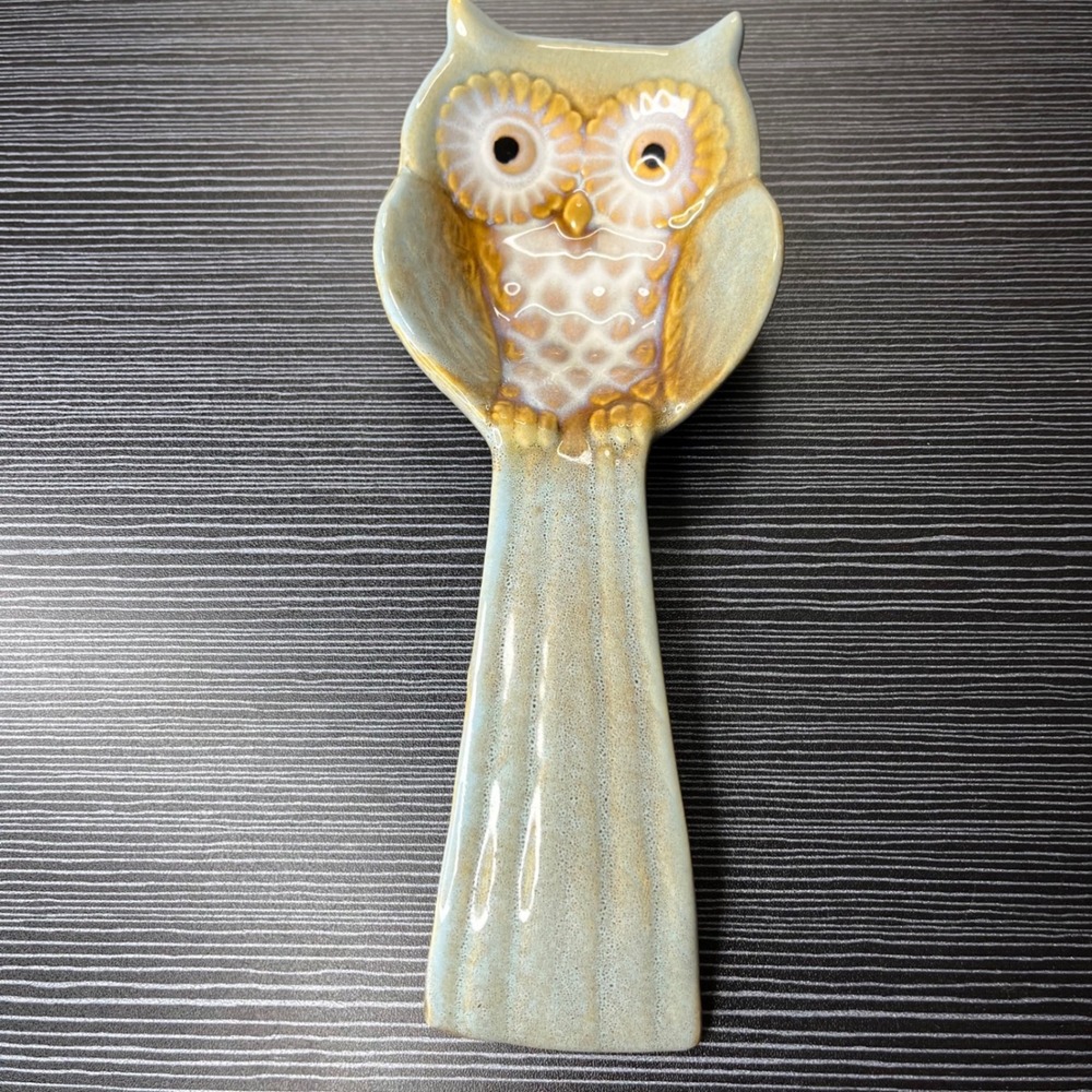 Unbranded Owl Spoon Rest Blue Tan Ceramic Reactive Glaze Bird Kitchen Decor 10"